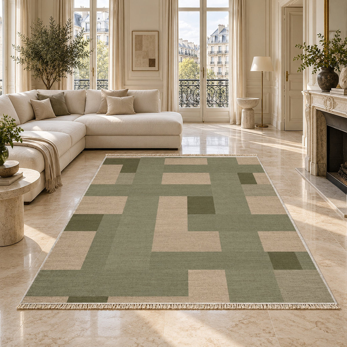 Basket Rhythm Sage & Oat washable rug on a marble floor