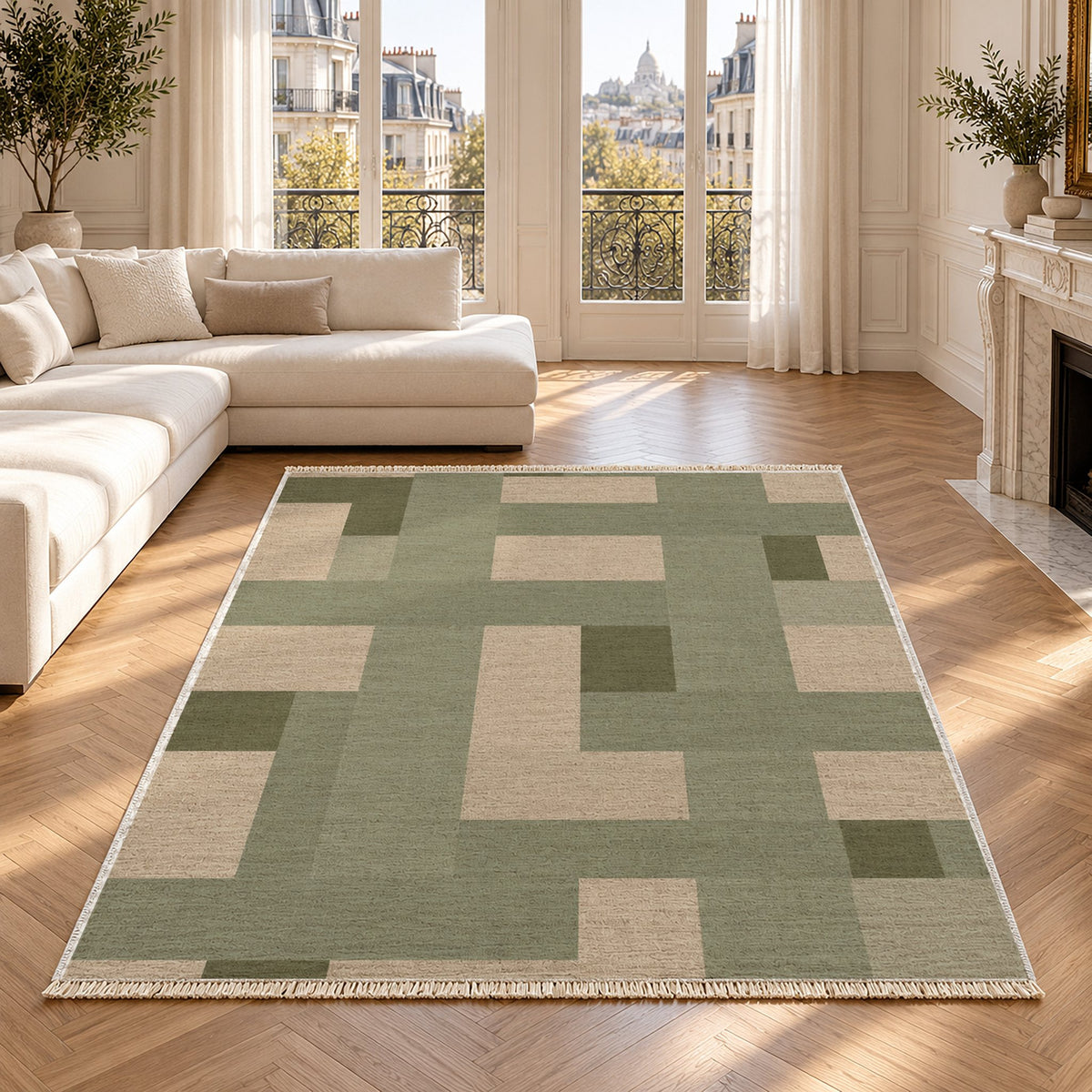Basket Rhythm Sage & Oat washable rug in a Paris living room
