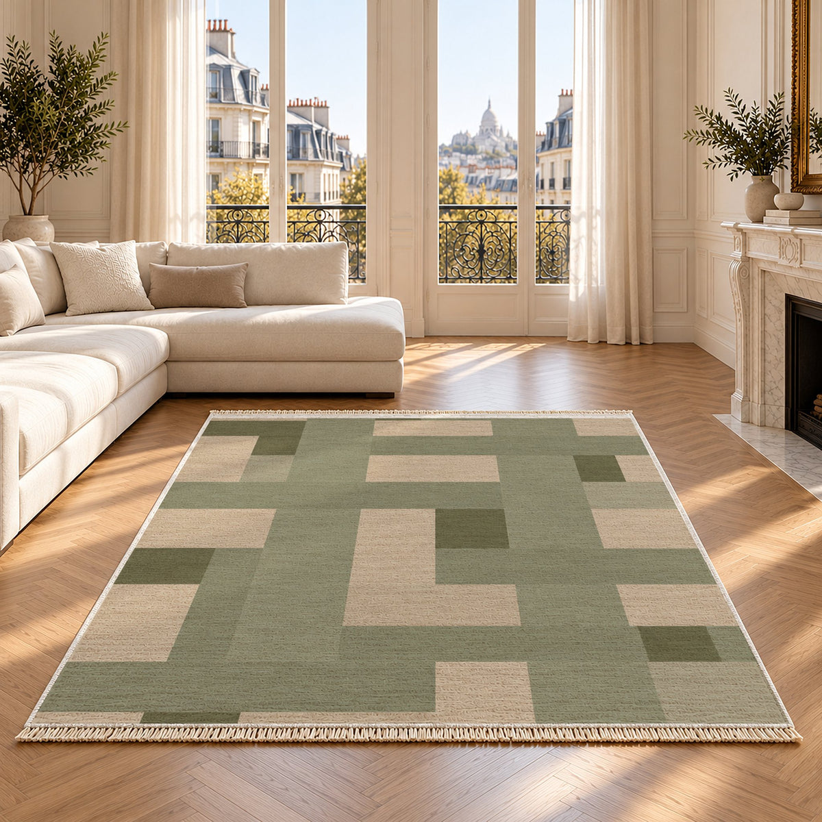 Basket Rhythm Sage & Oat washable rug on an oak floor