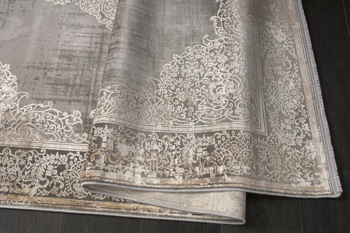 Beige & Grey Distressed Medallion Area Rug pile close-up