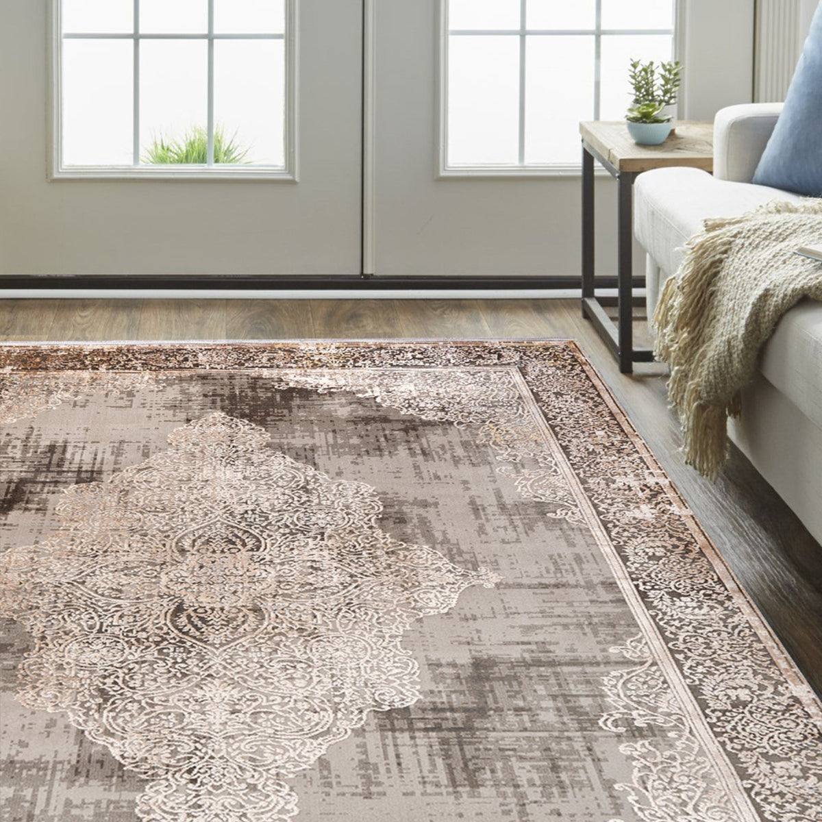 Beige & Grey Distressed Medallion Area Rug in a living room