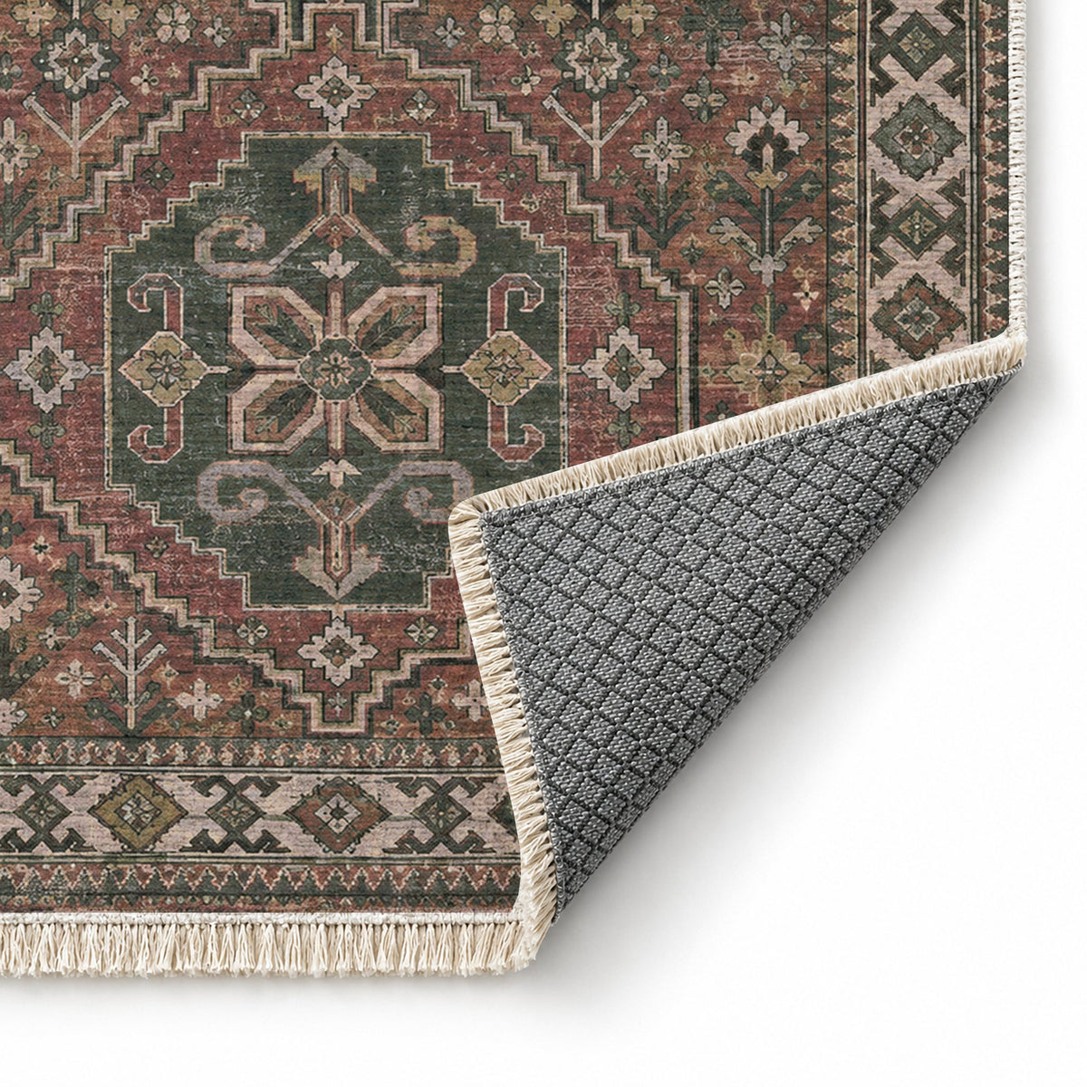 Bergama Twin Octagons Graphite & Linen washable rug folded corner showing the backing