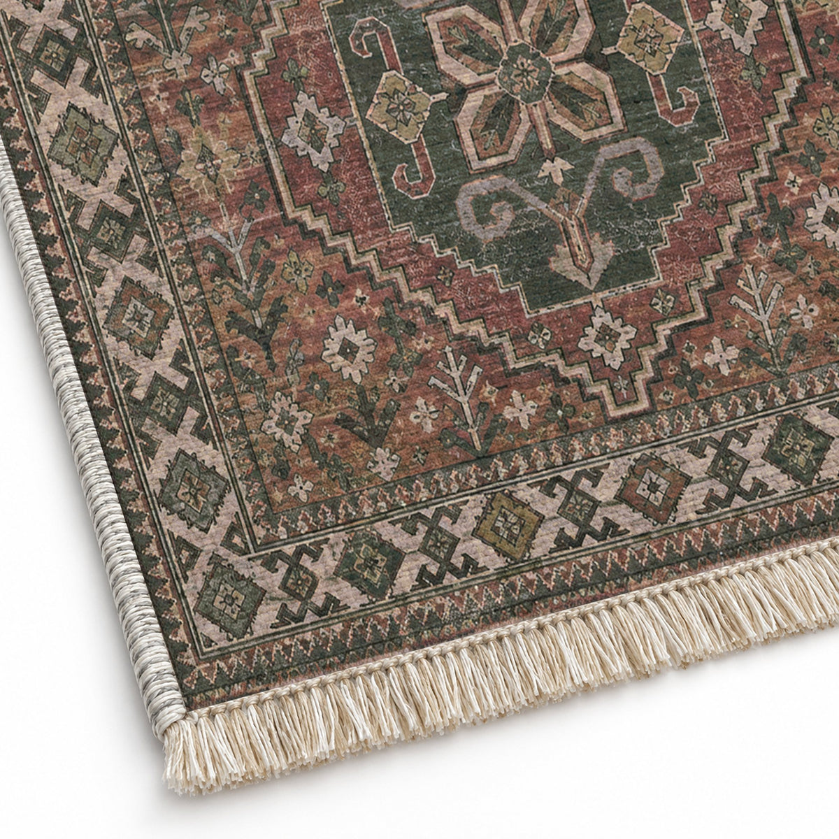 Bergama Twin Octagons Graphite & Linen washable rug close-up of the printed chenille