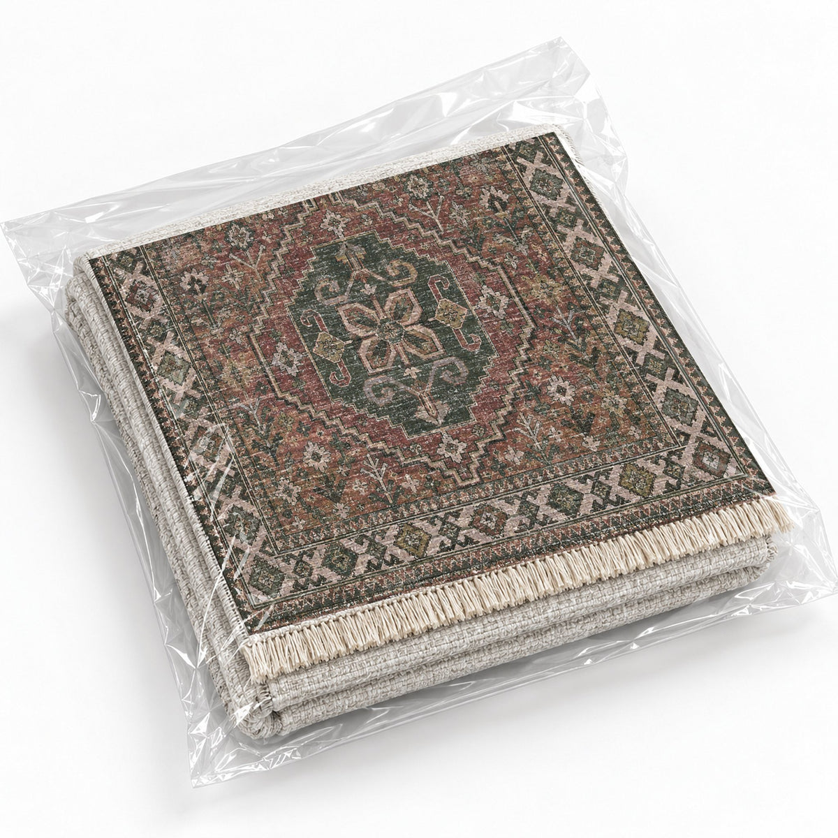 Bergama Twin Octagons Graphite & Linen washable rug rolled and packaged