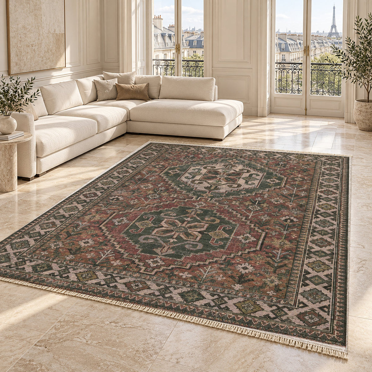 Bergama Twin Octagons Graphite & Linen washable rug angled room view on marble