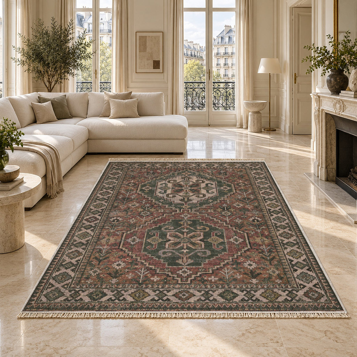Bergama Twin Octagons Graphite & Linen washable rug on a marble floor
