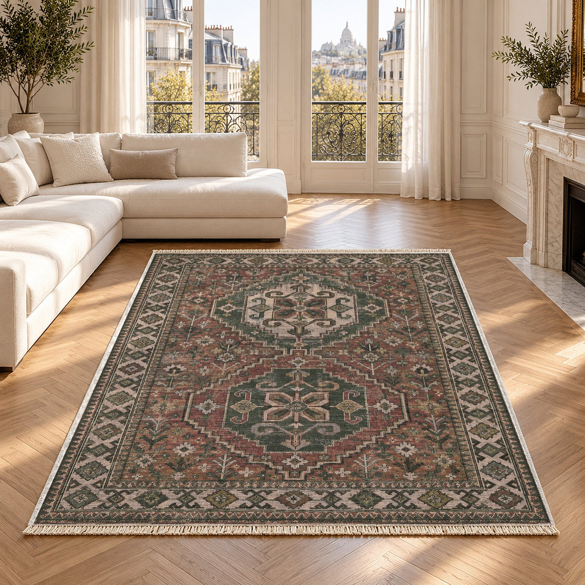 Bergama Twin Octagons Graphite & Linen washable rug in a Paris living room