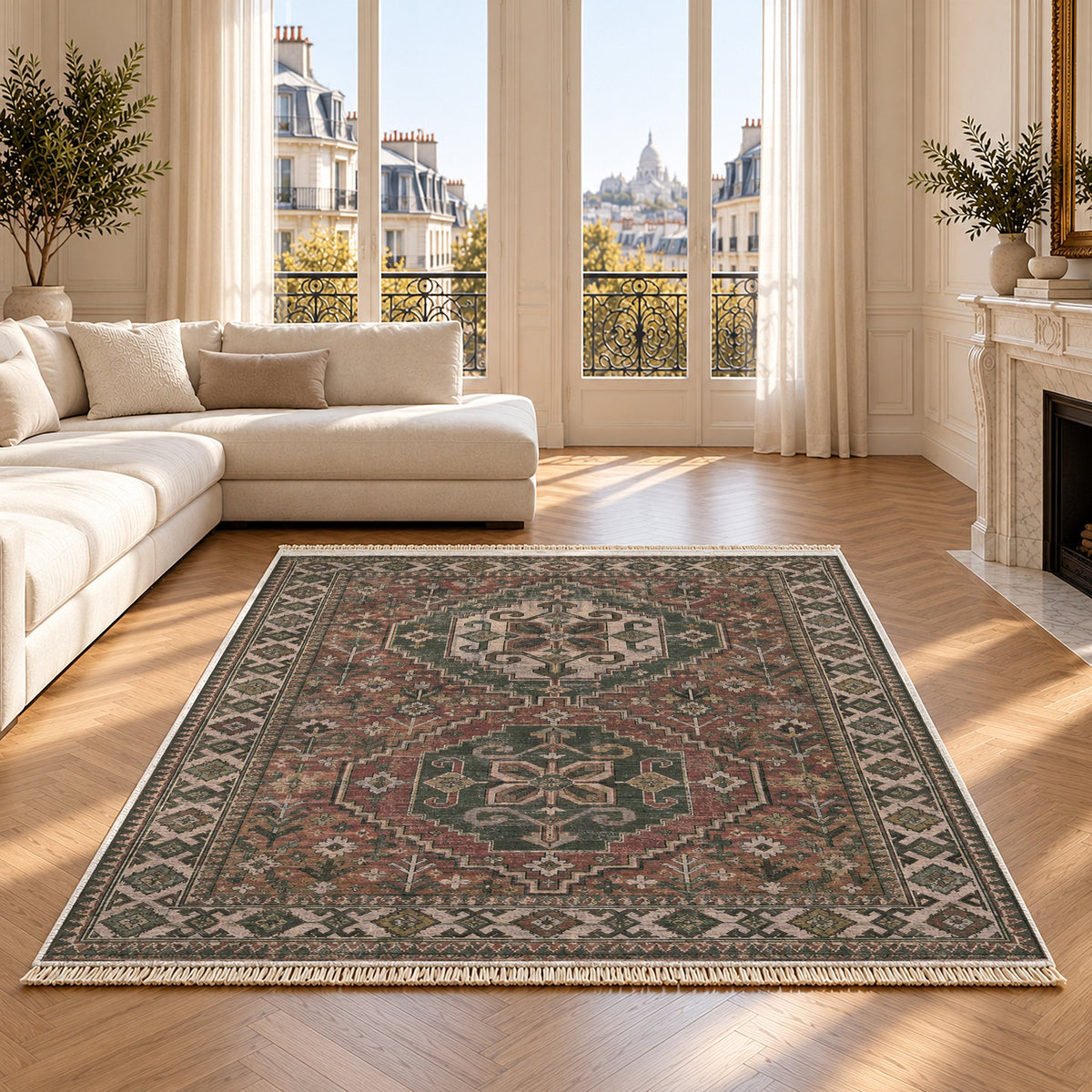 Bergama Twin Octagons Graphite & Linen washable rug on an oak floor