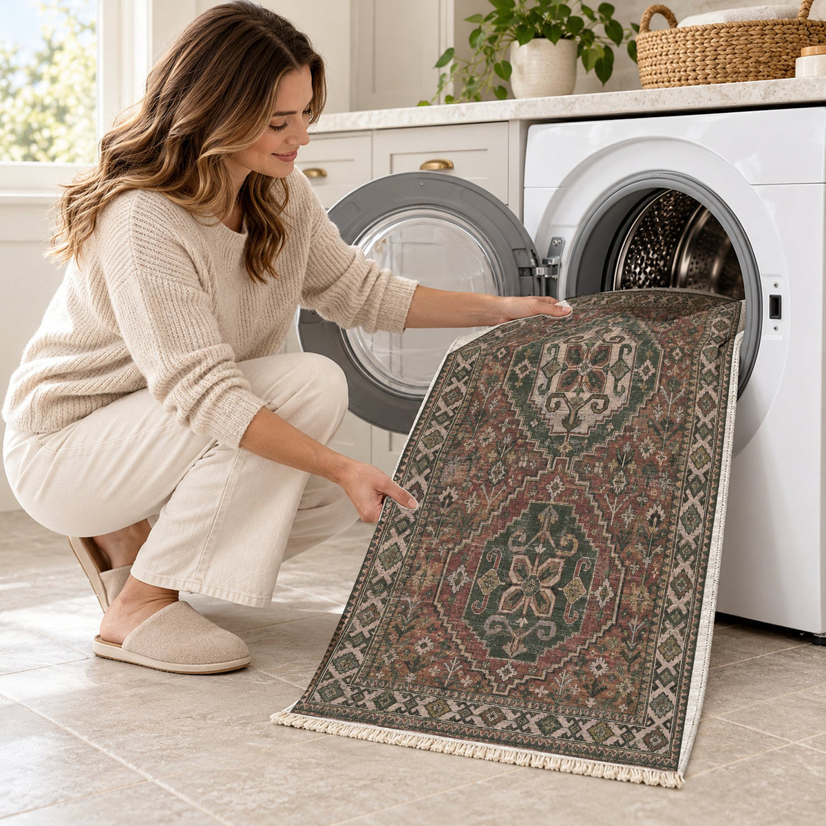 Bergama Twin Octagons Graphite & Linen washable rug being loaded into a washing machine