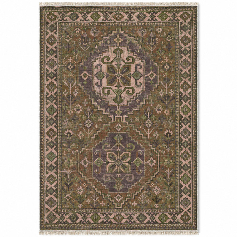 Bergama Twin Octagons Rose & Olive Anatolian Washable Rug