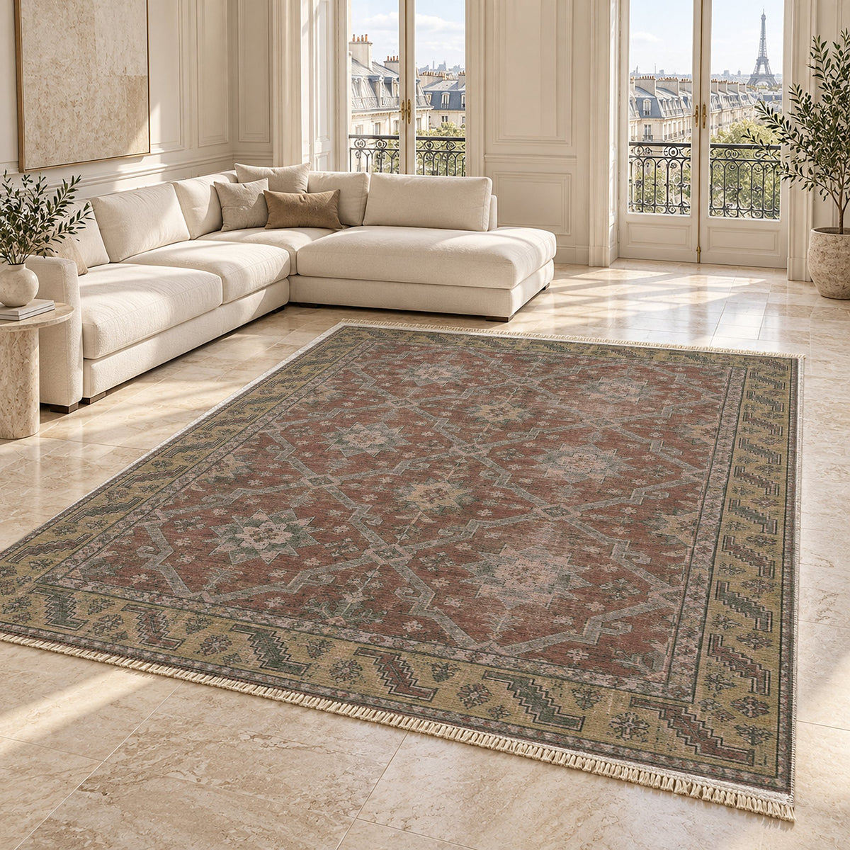 Beysehir Stars Graphite & Linen washable rug angled room view on marble