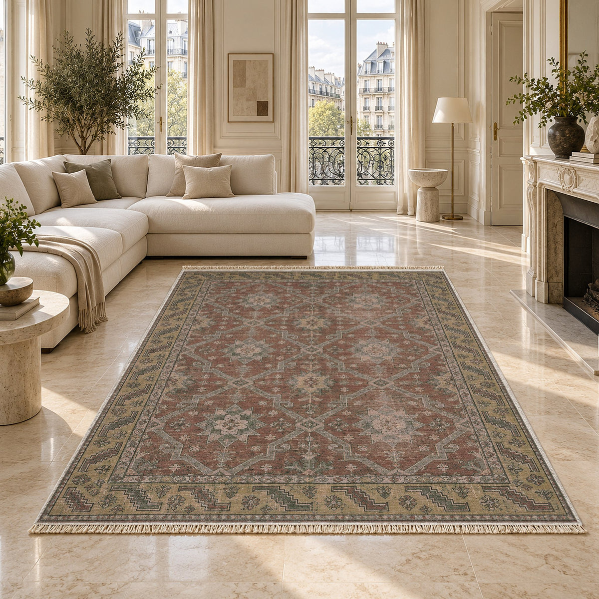 Beysehir Stars Graphite & Linen washable rug on a marble floor