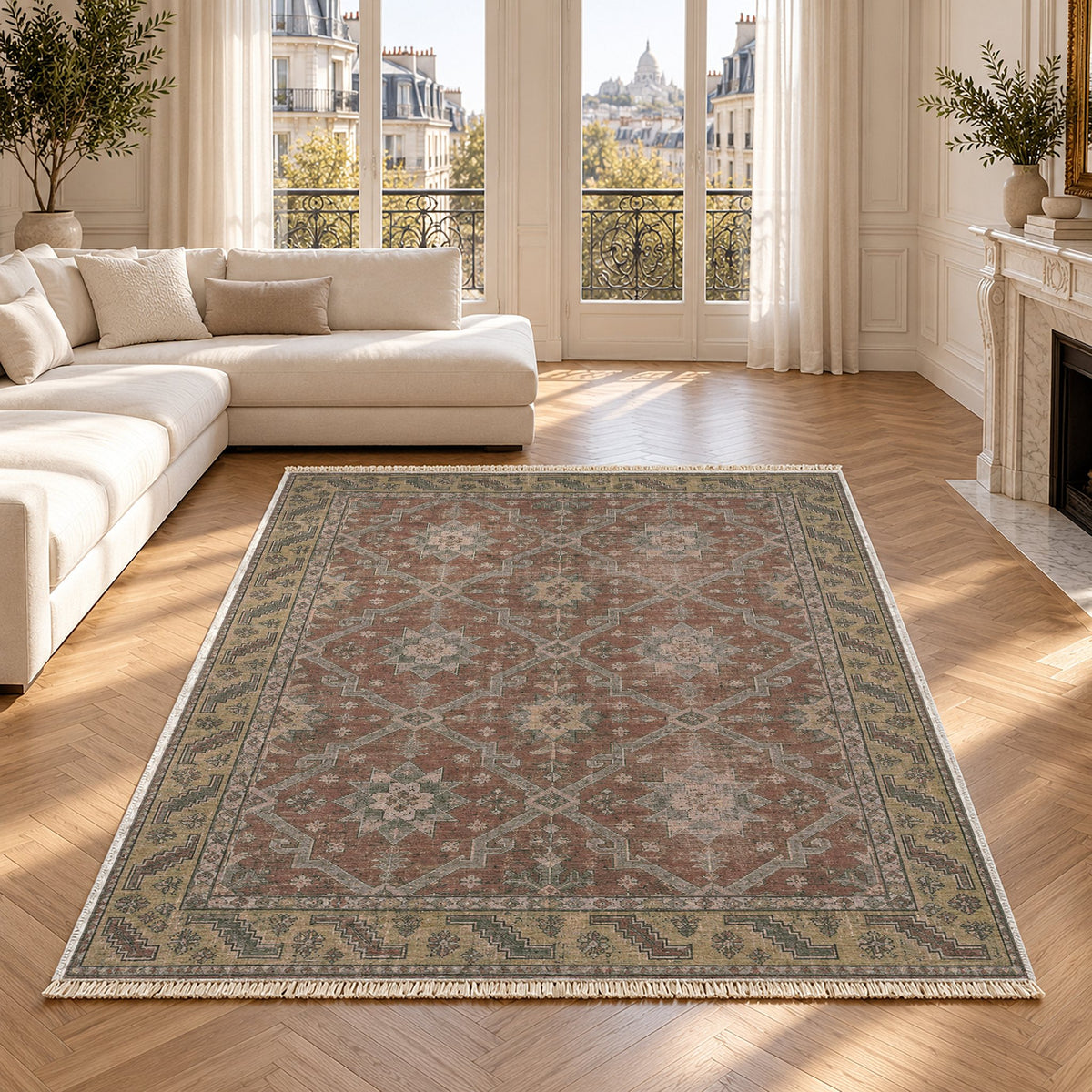 Beysehir Stars Graphite & Linen washable rug in a Paris living room