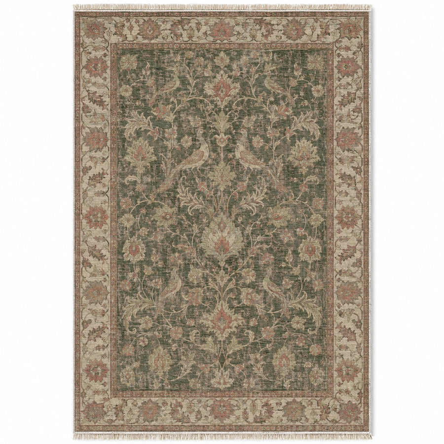 Bird Arabesque Clay & Sage Ushak Washable Rug