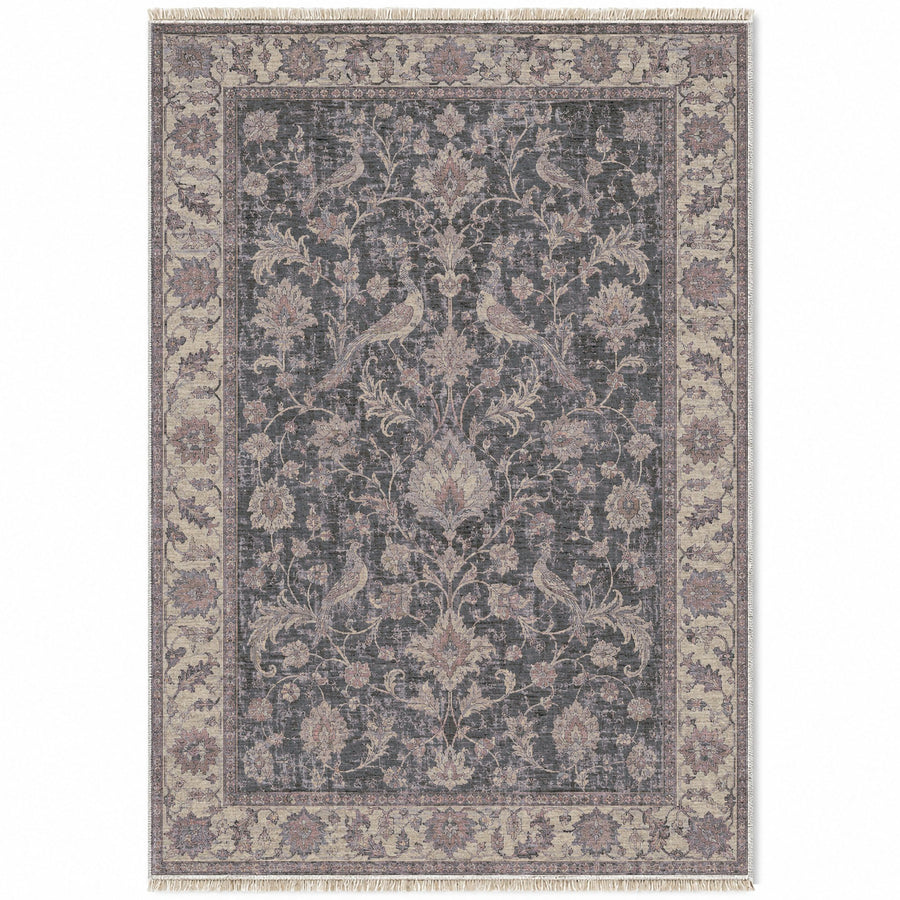 Bird Arabesque Graphite & Linen Ushak Washable Rug
