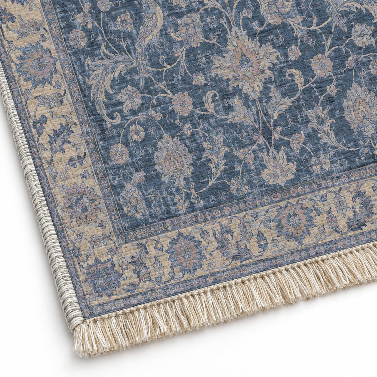 Bird Arabesque Mineral Blue washable rug close-up of the printed chenille