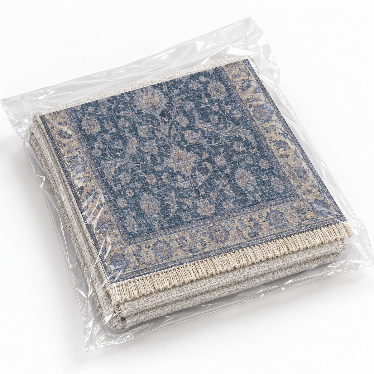 Bird Arabesque Mineral Blue washable rug rolled and packaged