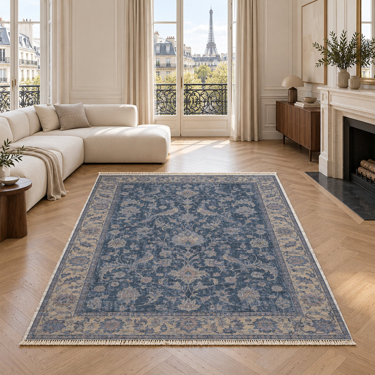 Bird Arabesque Mineral Blue washable rug in a living room with an Eiffel Tower view