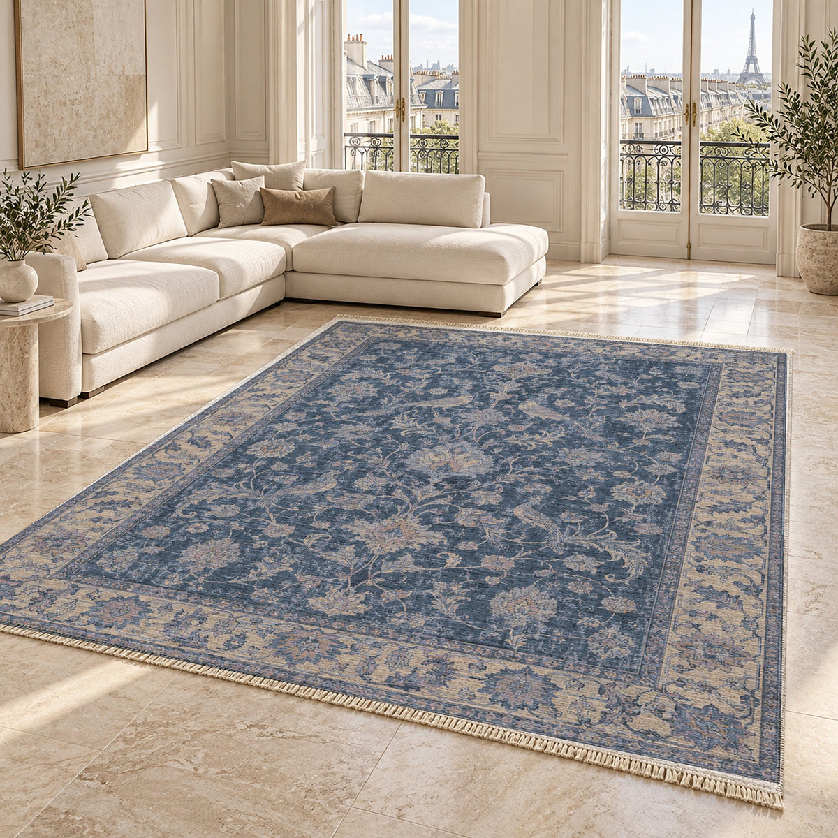 Bird Arabesque Mineral Blue washable rug angled room view on marble