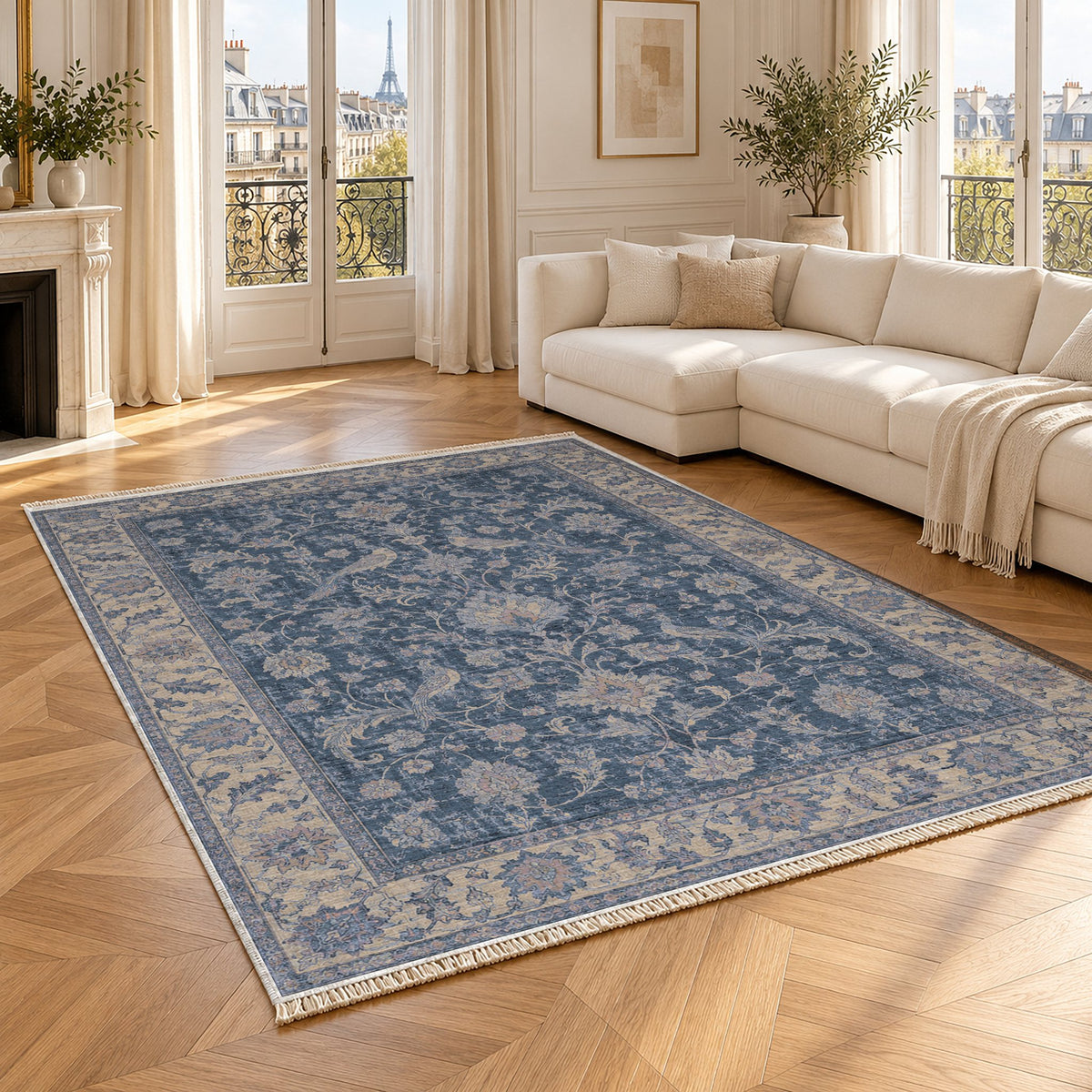 Bird Arabesque Mineral Blue washable rug angled room view