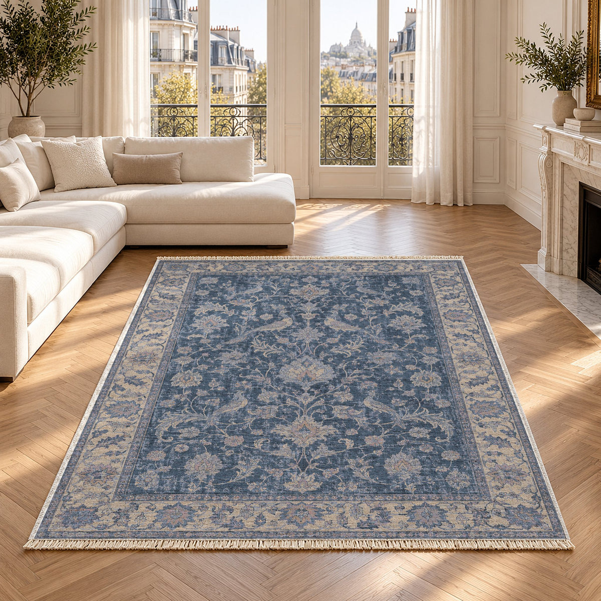 Bird Arabesque Mineral Blue washable rug in a Paris living room