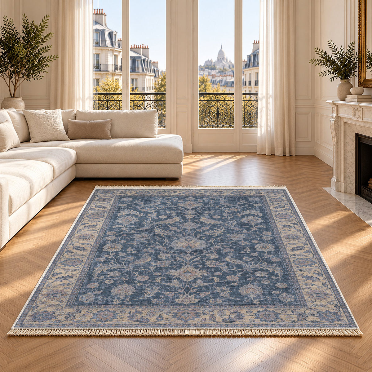 Bird Arabesque Mineral Blue washable rug on an oak floor