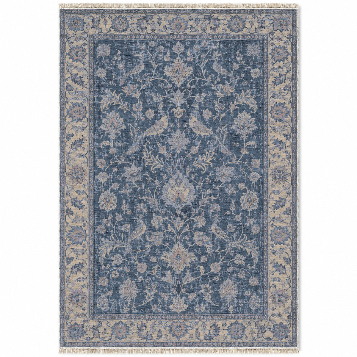 Bird Arabesque Mineral Blue washable rug top view