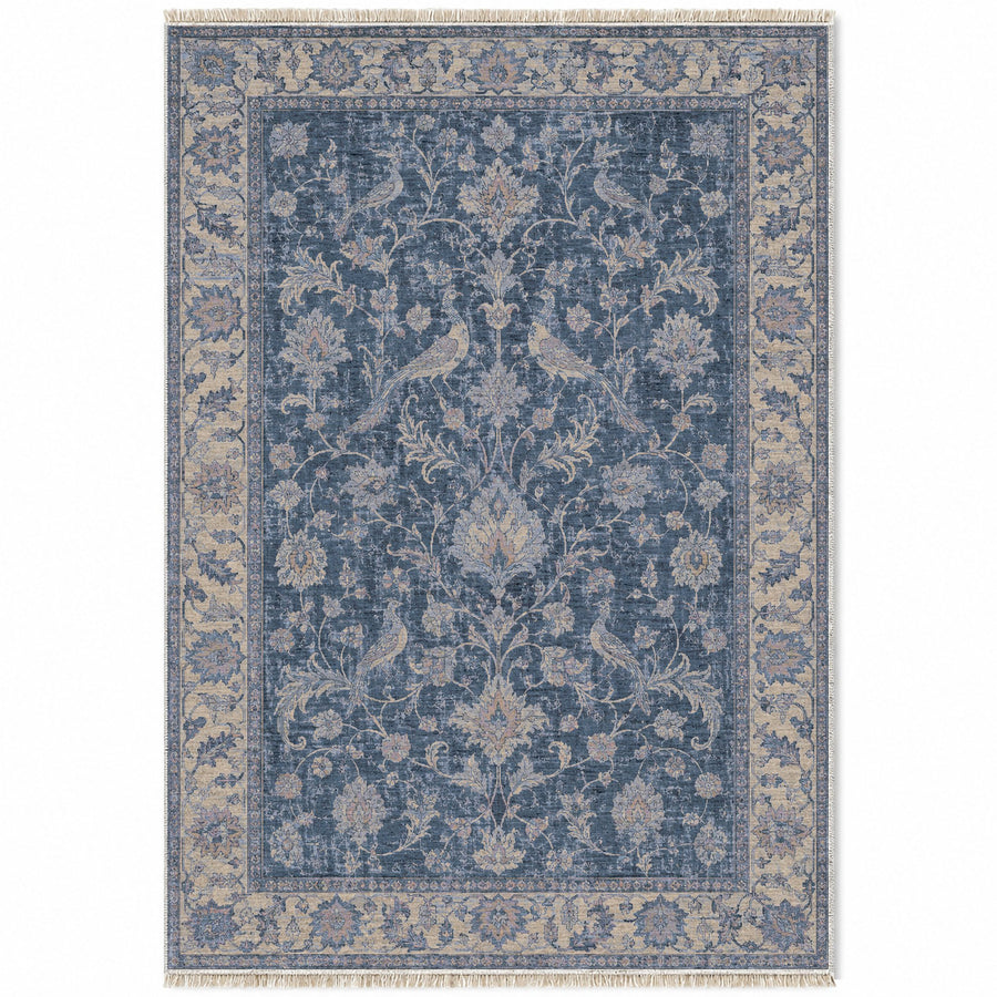Bird Arabesque Mineral Blue Ushak Washable Rug