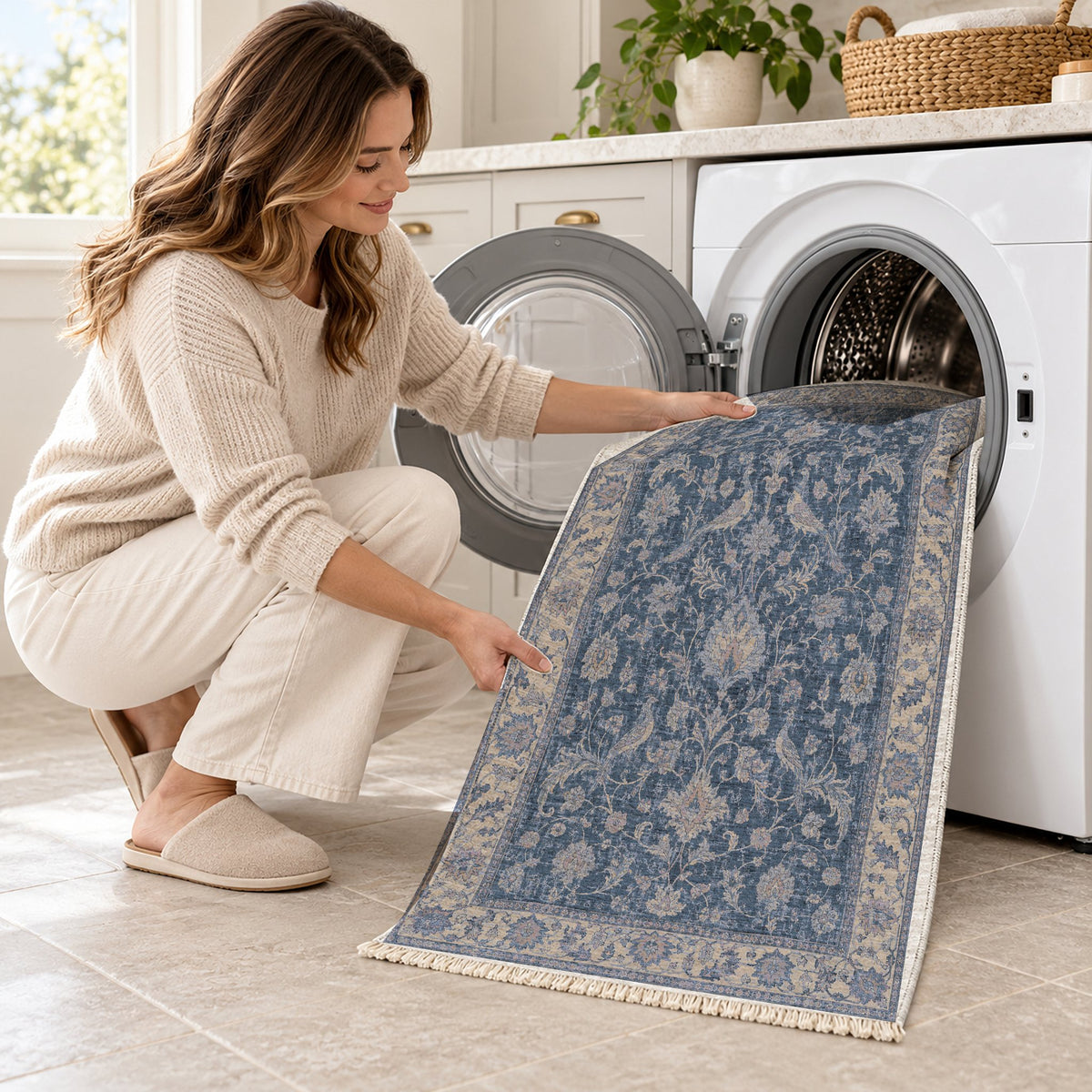 Bird Arabesque Mineral Blue washable rug being loaded into a washing machine