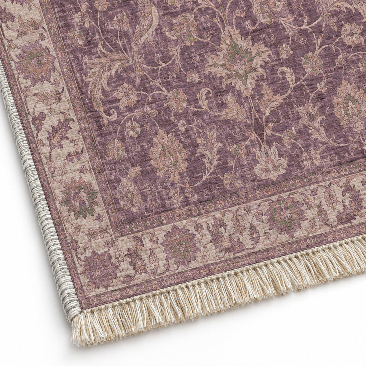 Bird Arabesque Rose & Olive washable rug close-up of the printed chenille