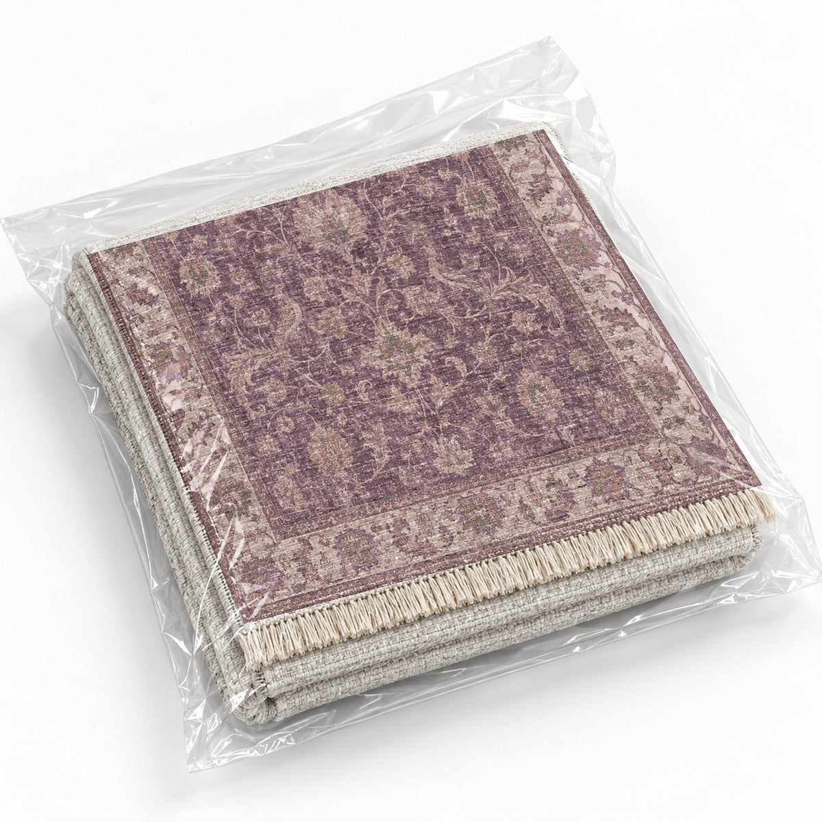 Bird Arabesque Rose & Olive washable rug rolled and packaged