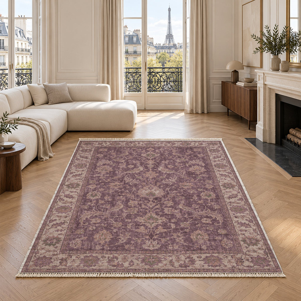 Bird Arabesque Rose & Olive washable rug in a living room with an Eiffel Tower view