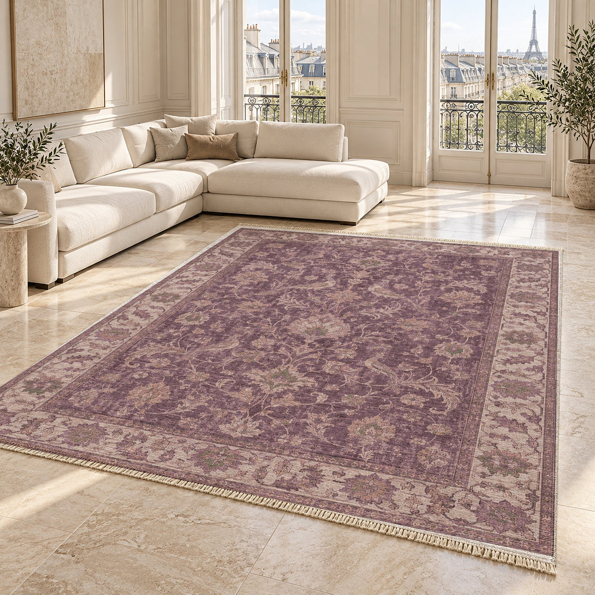 Bird Arabesque Rose & Olive washable rug angled room view on marble