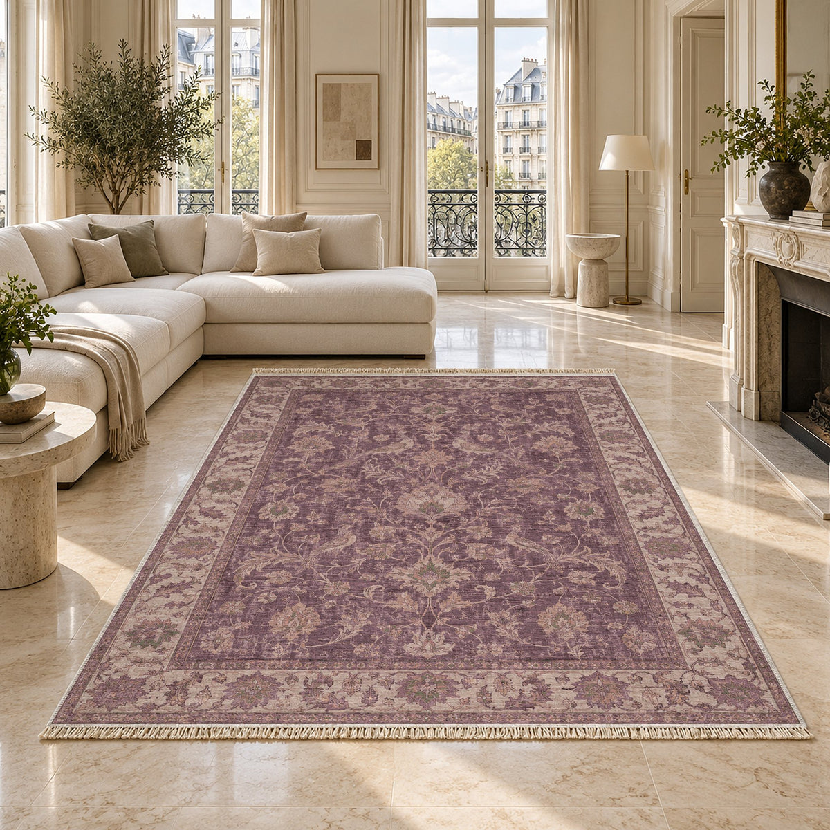 Bird Arabesque Rose & Olive washable rug on a marble floor