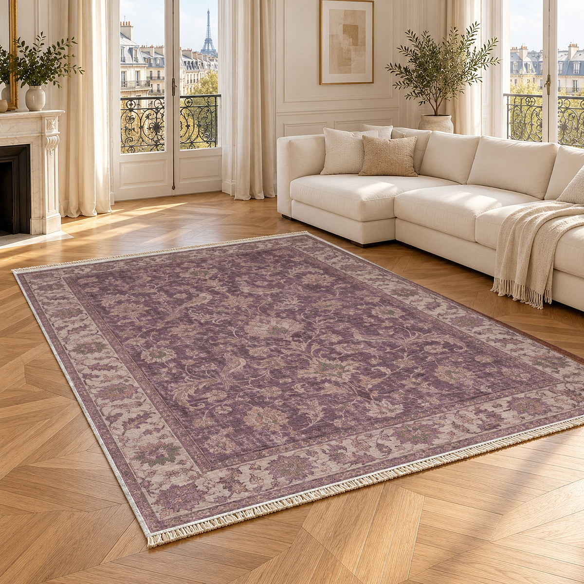 Bird Arabesque Rose & Olive washable rug angled room view