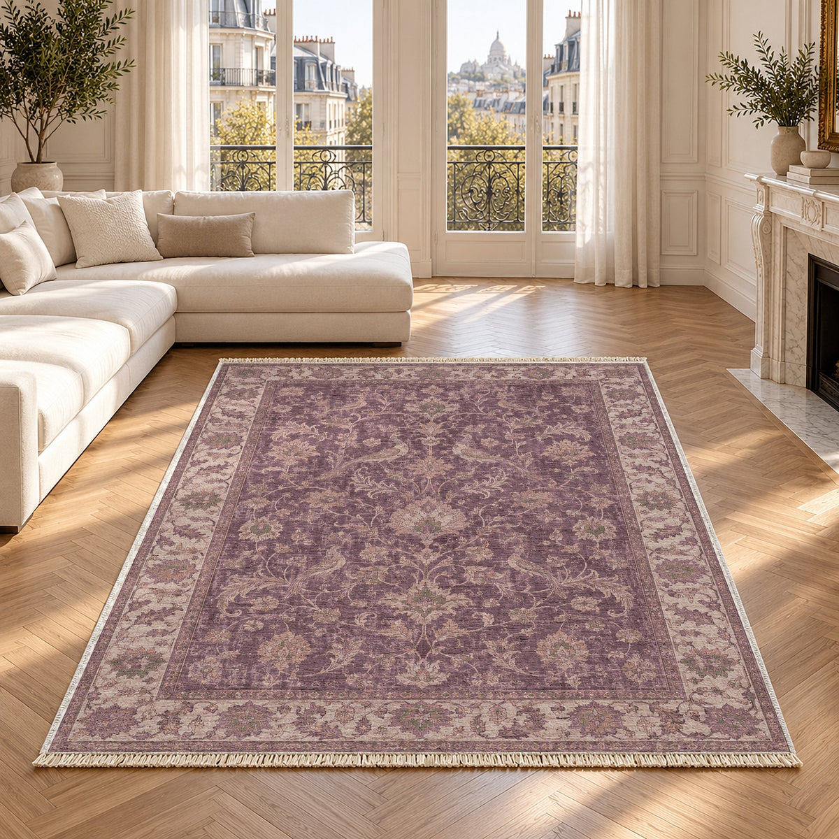 Bird Arabesque Rose & Olive washable rug in a Paris living room