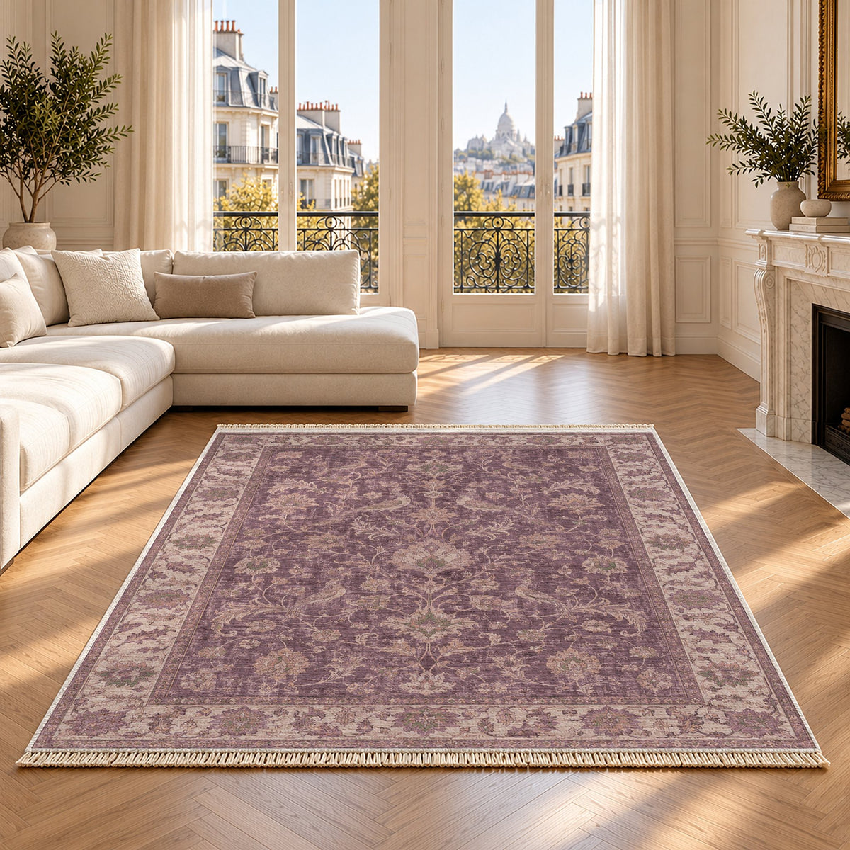 Bird Arabesque Rose & Olive washable rug on an oak floor