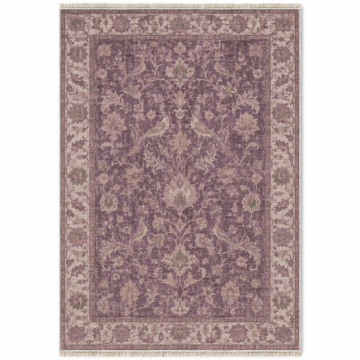 Bird Arabesque Rose & Olive washable rug top view