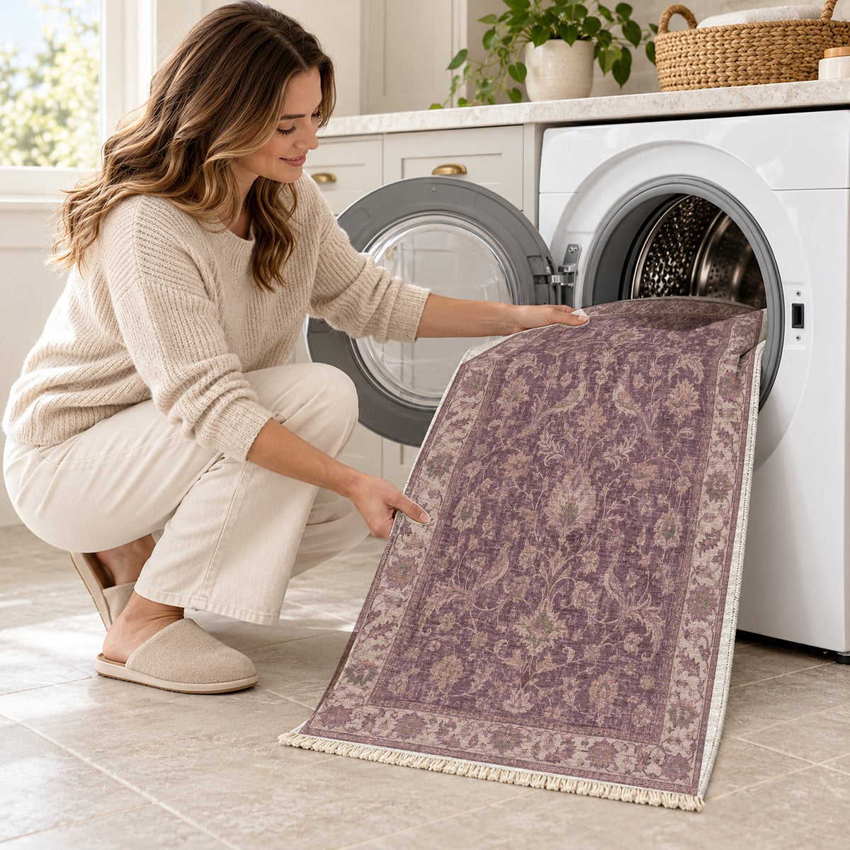 Bird Arabesque Rose & Olive washable rug being loaded into a washing machine