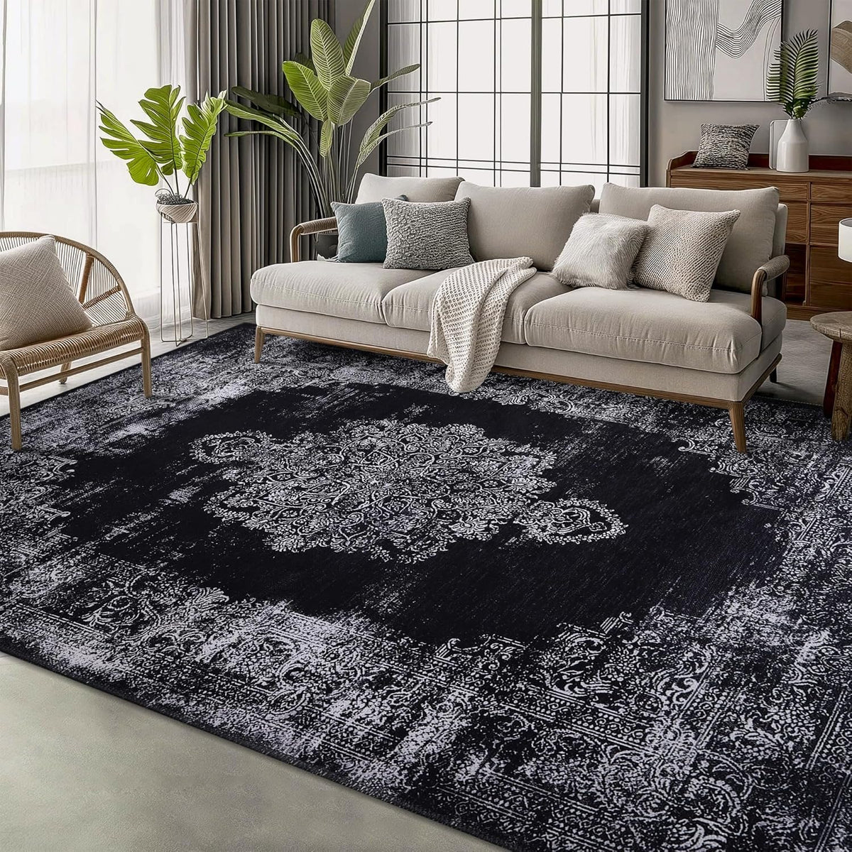 Black & Grey Distressed Medallion Washable Rug in a living room