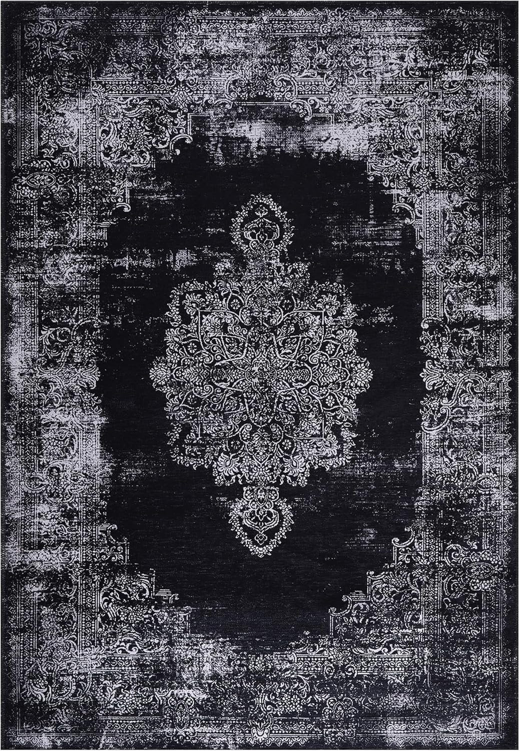Black & Grey Distressed Medallion Washable Rug 1319 top view