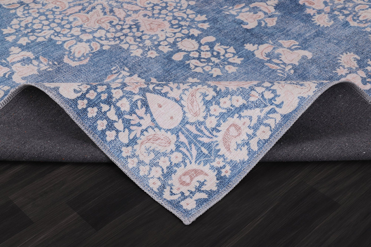 Blue & Blush Floral Medallion Washable Rug pile close-up