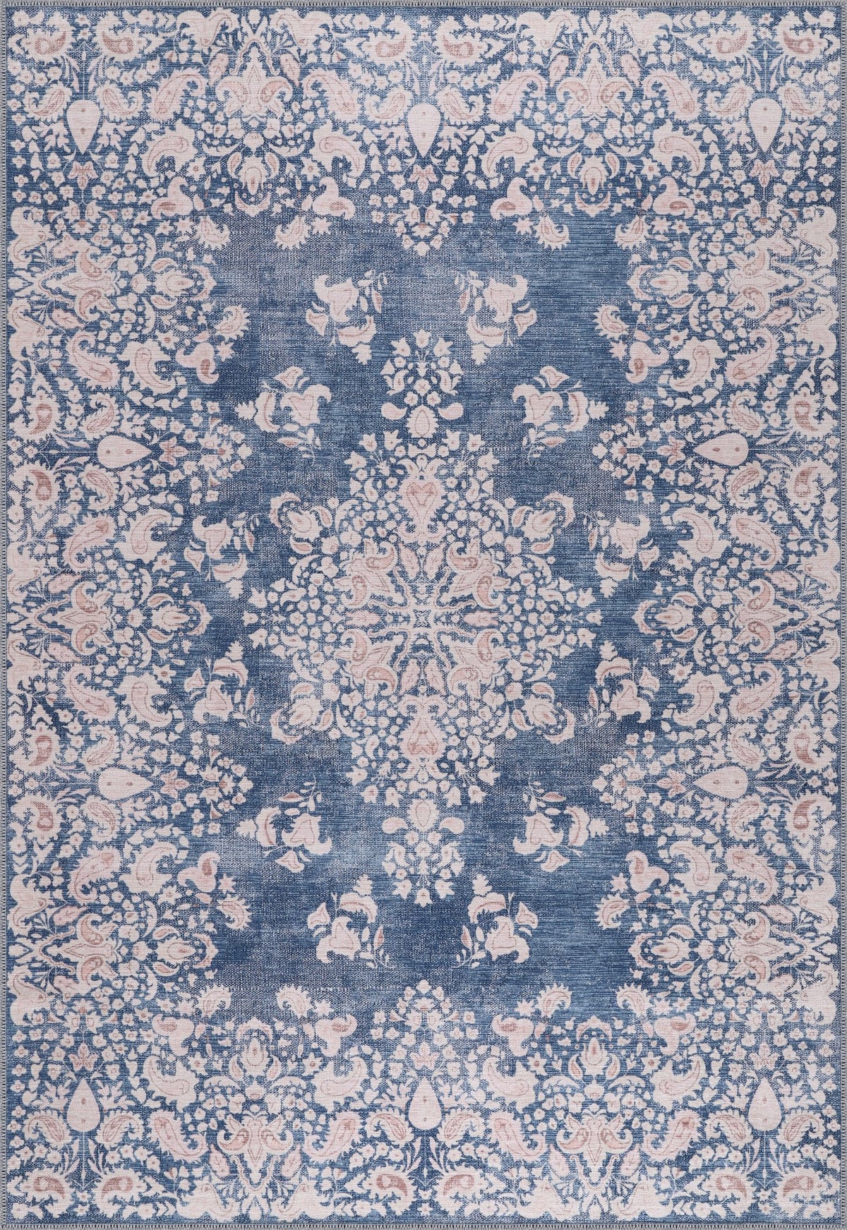 Blue & Blush Floral Medallion Washable Rug R3 top view