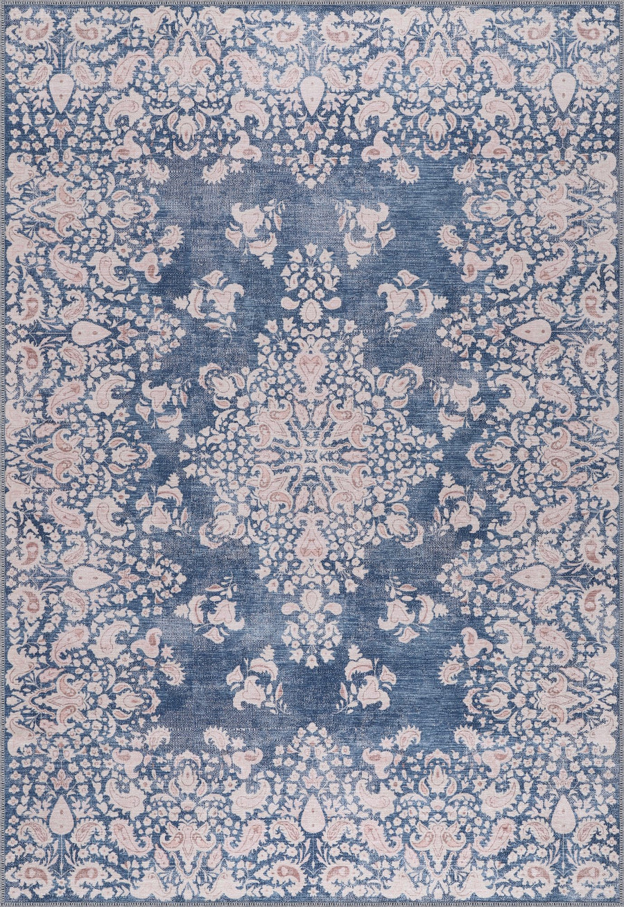 Blue & Blush Floral Medallion Washable Rug | R3