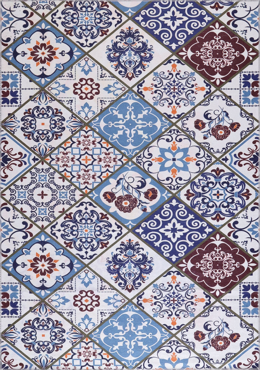 Blue & Burgundy Moroccan Tile Washable Rug | 4002