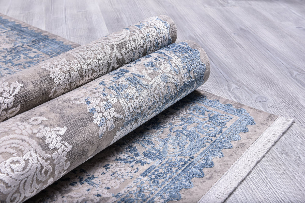 Blue & Ivory Distressed Medallion Area Rug pile close-up