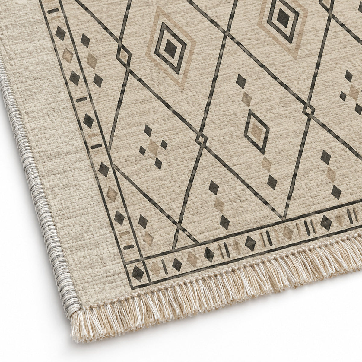 Bordered Berber Ivory & Charcoal washable rug close-up of the printed chenille
