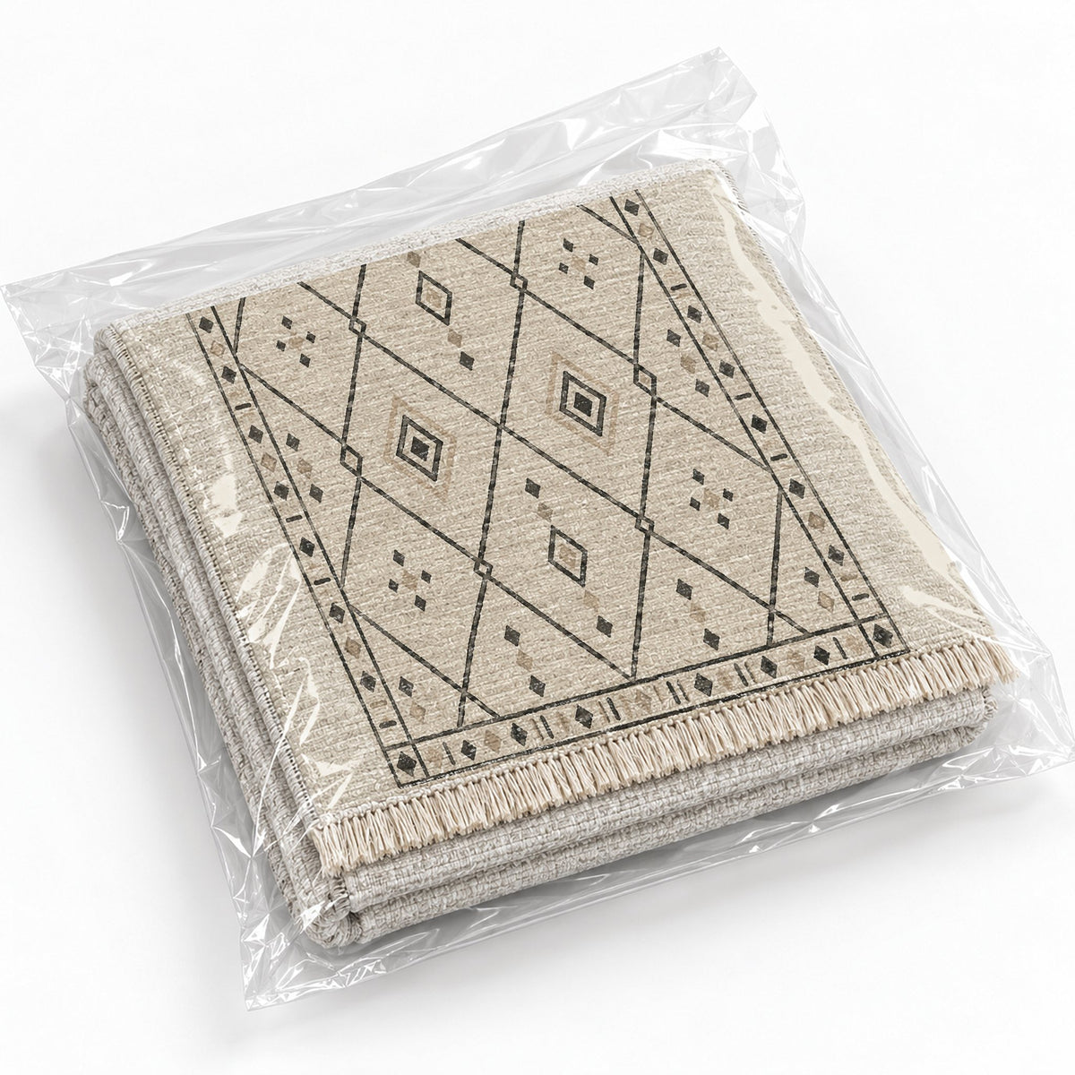 Bordered Berber Ivory & Charcoal washable rug rolled and packaged