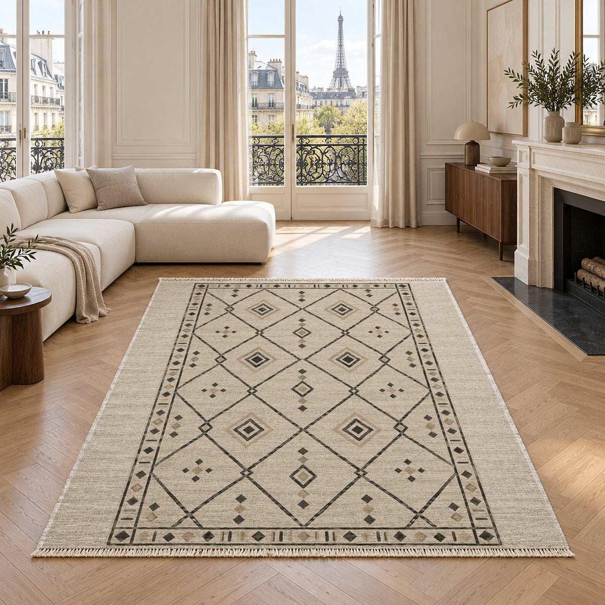 Bordered Berber Ivory & Charcoal washable rug in a living room with an Eiffel Tower view