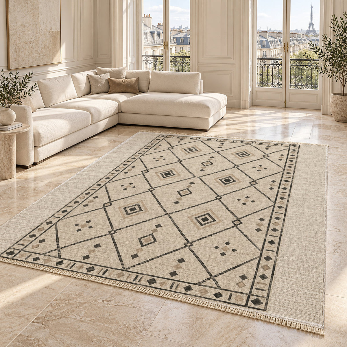 Bordered Berber Ivory & Charcoal washable rug angled room view on marble